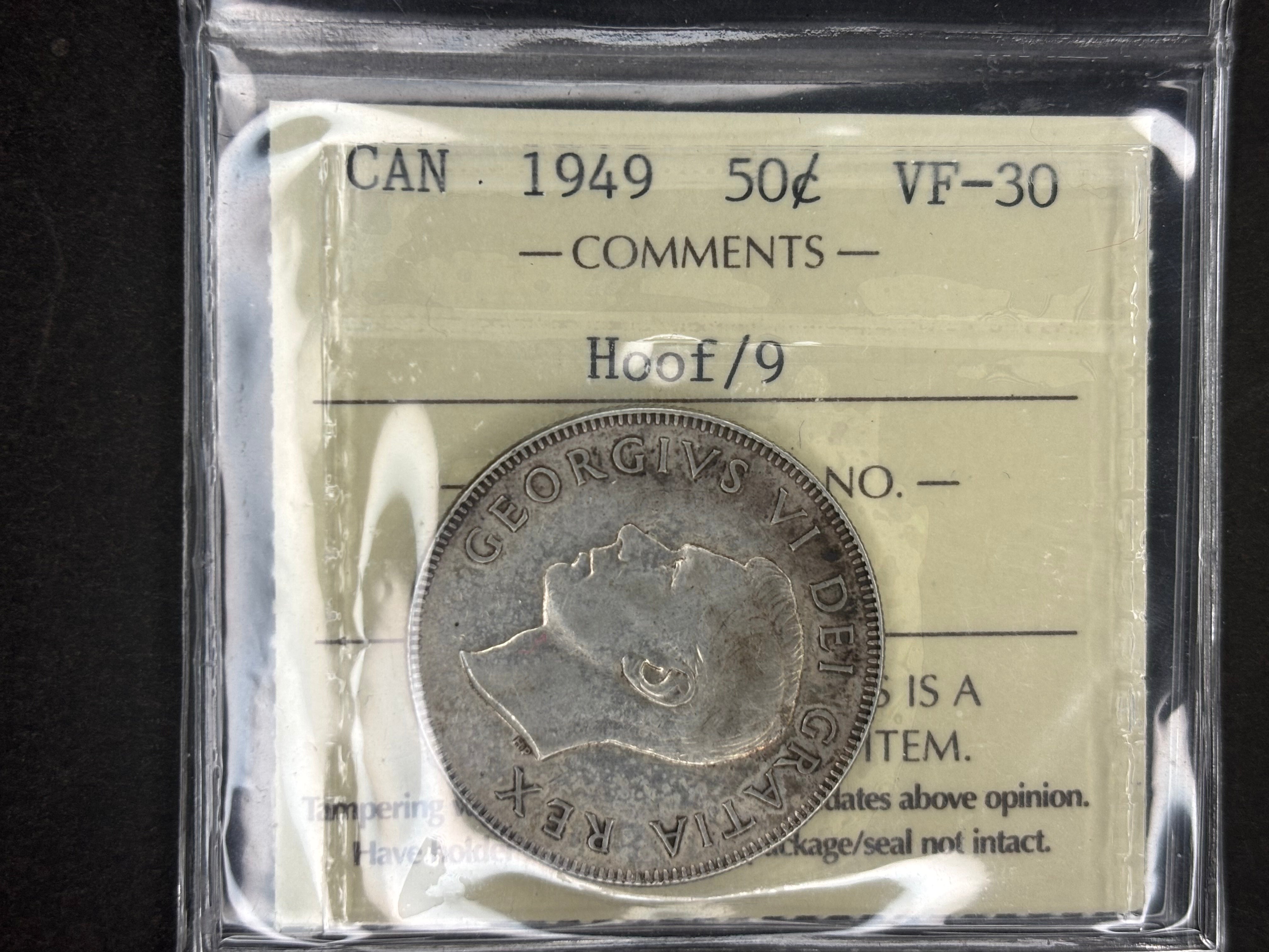 Pièce de monnaie en argent du Canada - 50 cents - 1949 Sabot / ICCS VF30