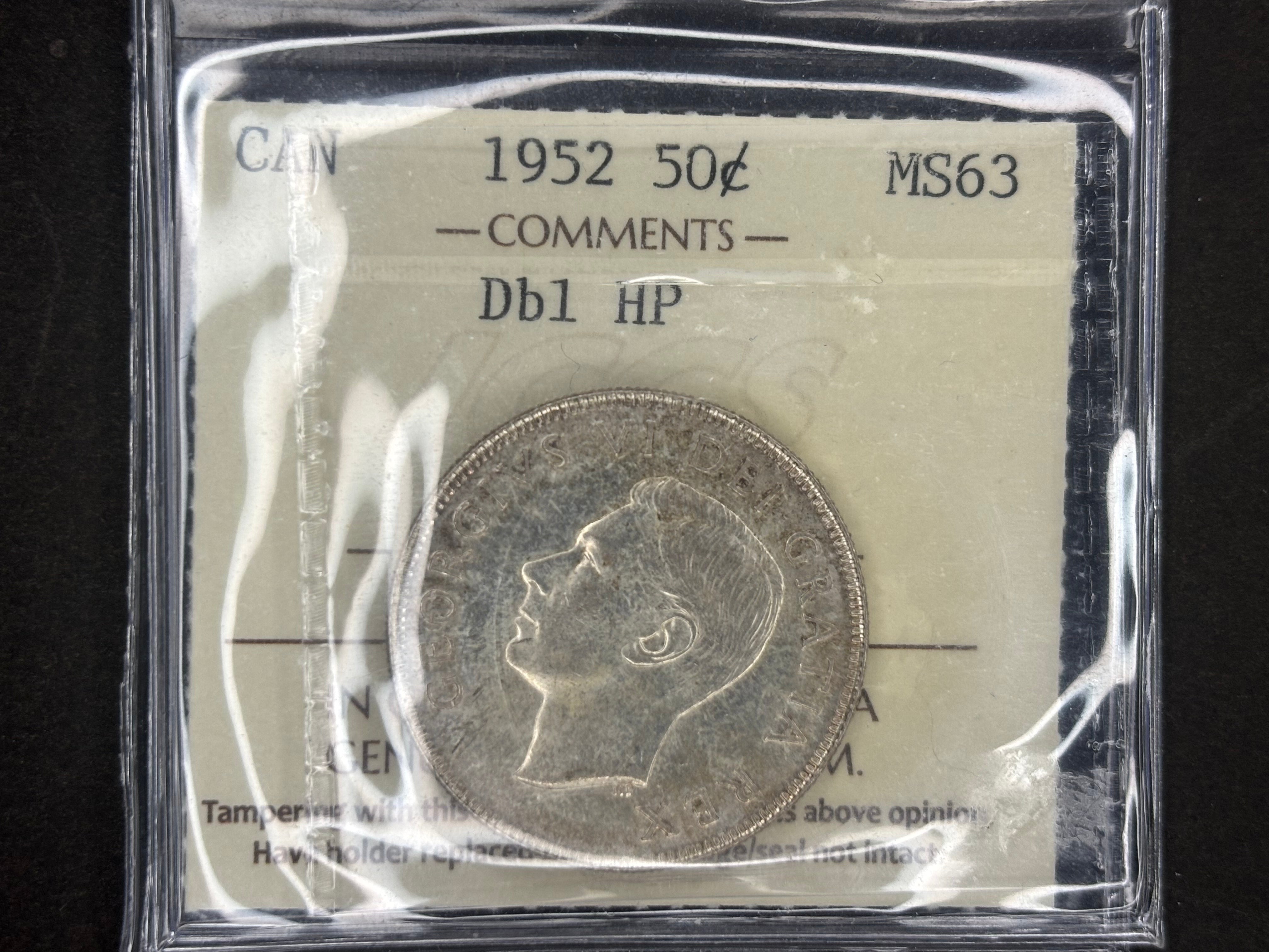 Pièce de monnaie en argent du Canada - 50 cents - 1952 Double HP / ICCS MS63