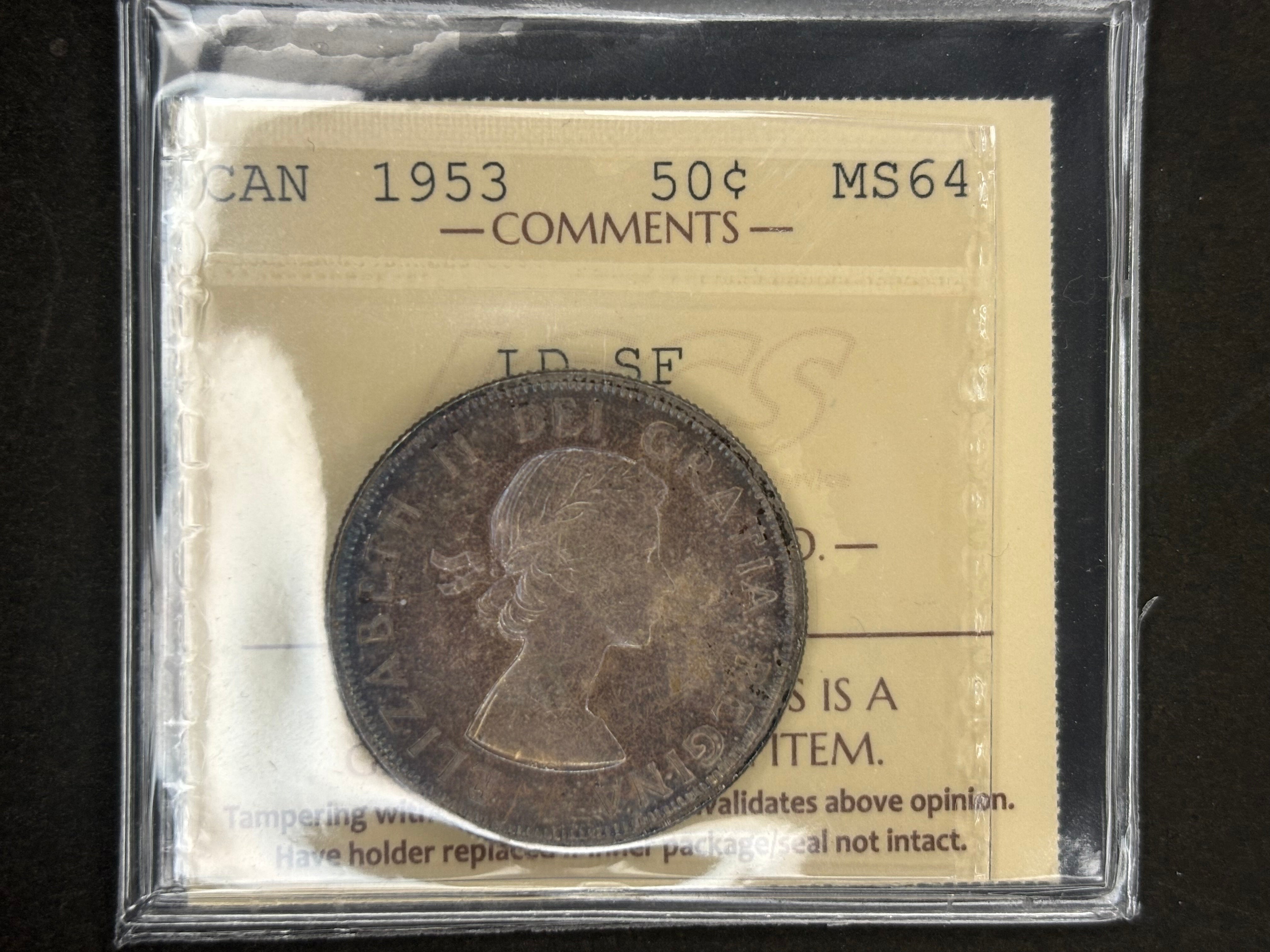 Pièce de monnaie en argent du Canada - 50 cents - 1953 LD SF / ICCS MS65