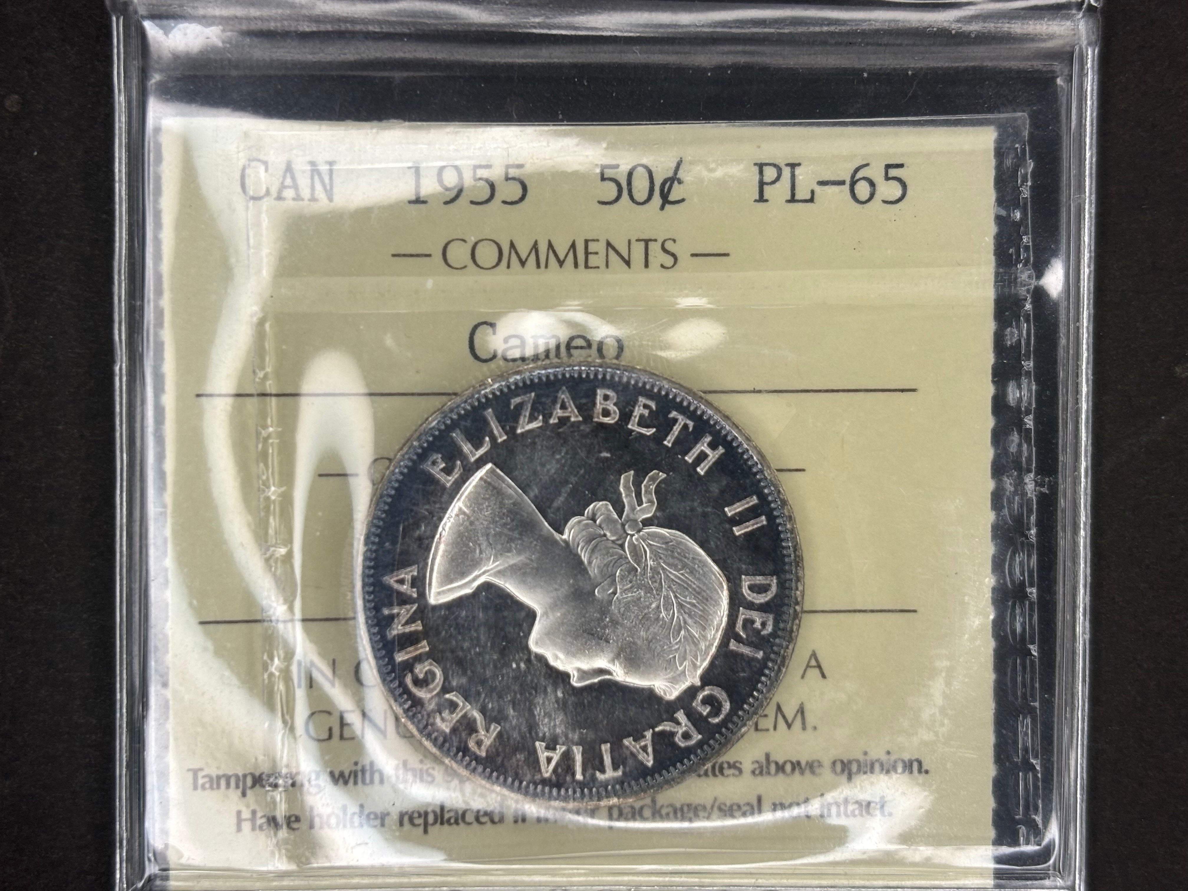 Pièce de monnaie en argent du Canada - 50 cents - 1955 Cameo / ICCS PL65