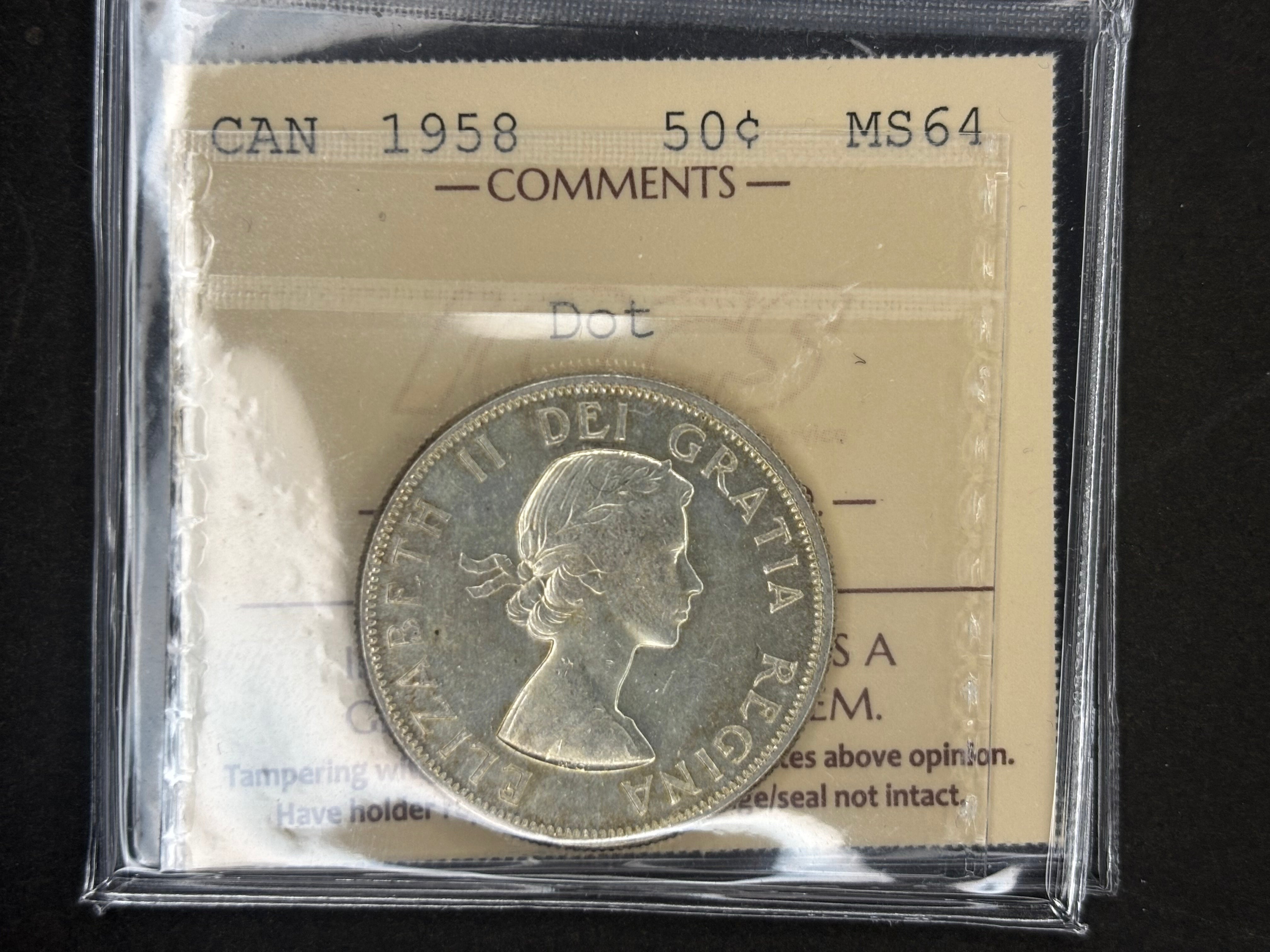 Pièce de monnaie en argent du Canada - 50 cents - 1958 / ICCS MS64