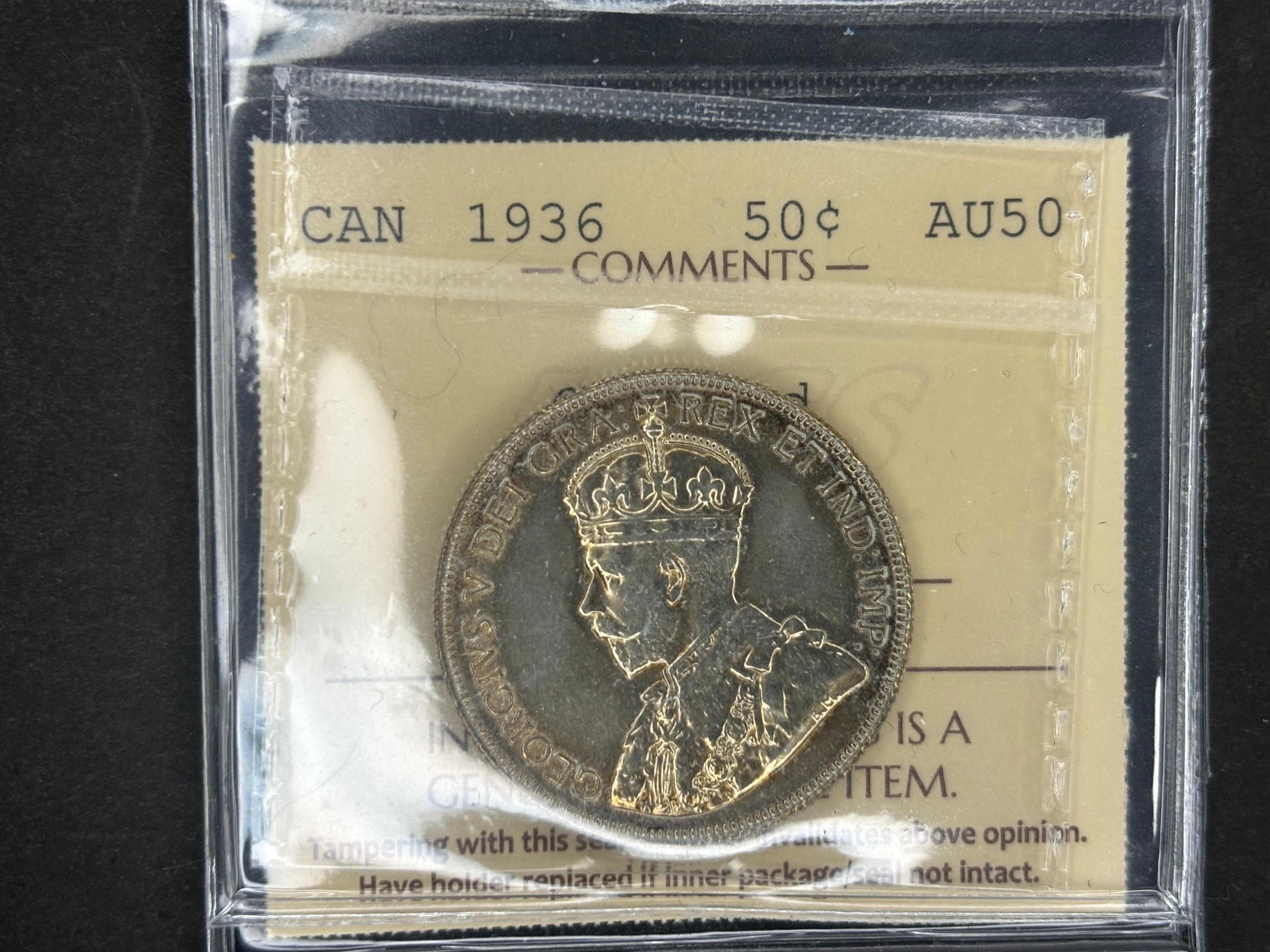 Canada Silver Coin - 50 cents - 1936 Cleaned ICCS AU50