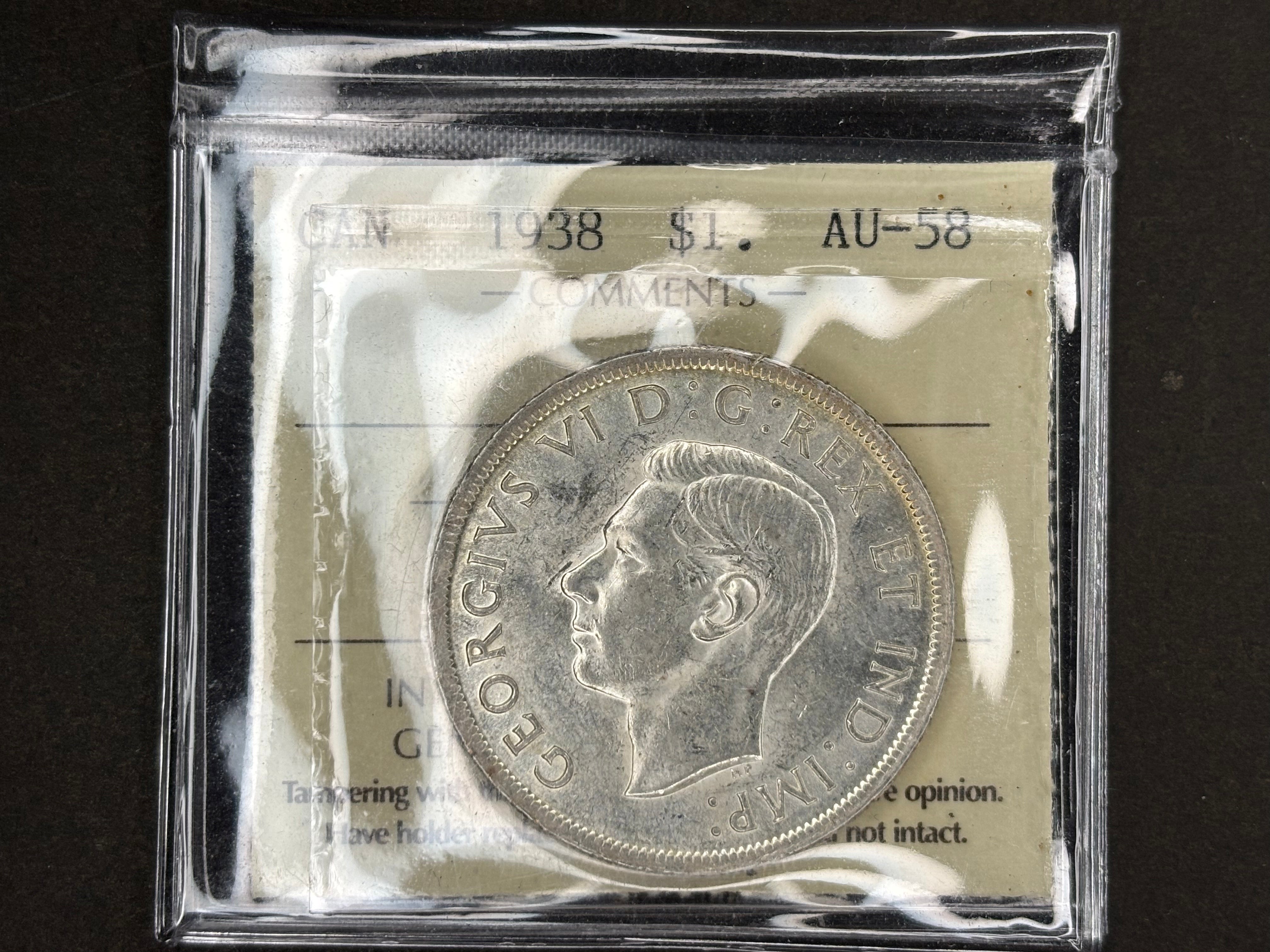 Canada Silver Coin - Dollar - 1938 ICCS AU58
