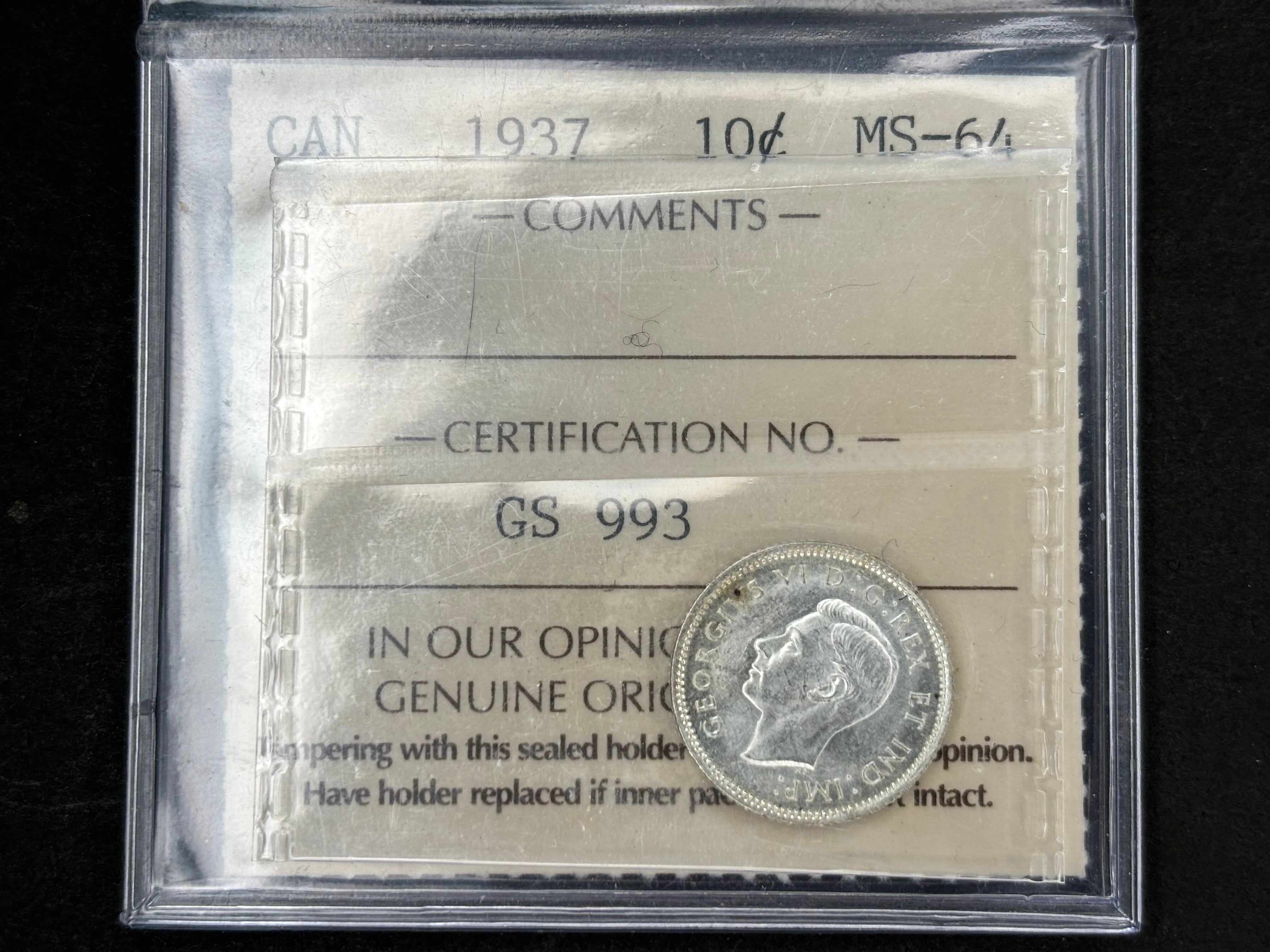 Canadian Silver Coin - 10 cent - 1937 ICCS MS64