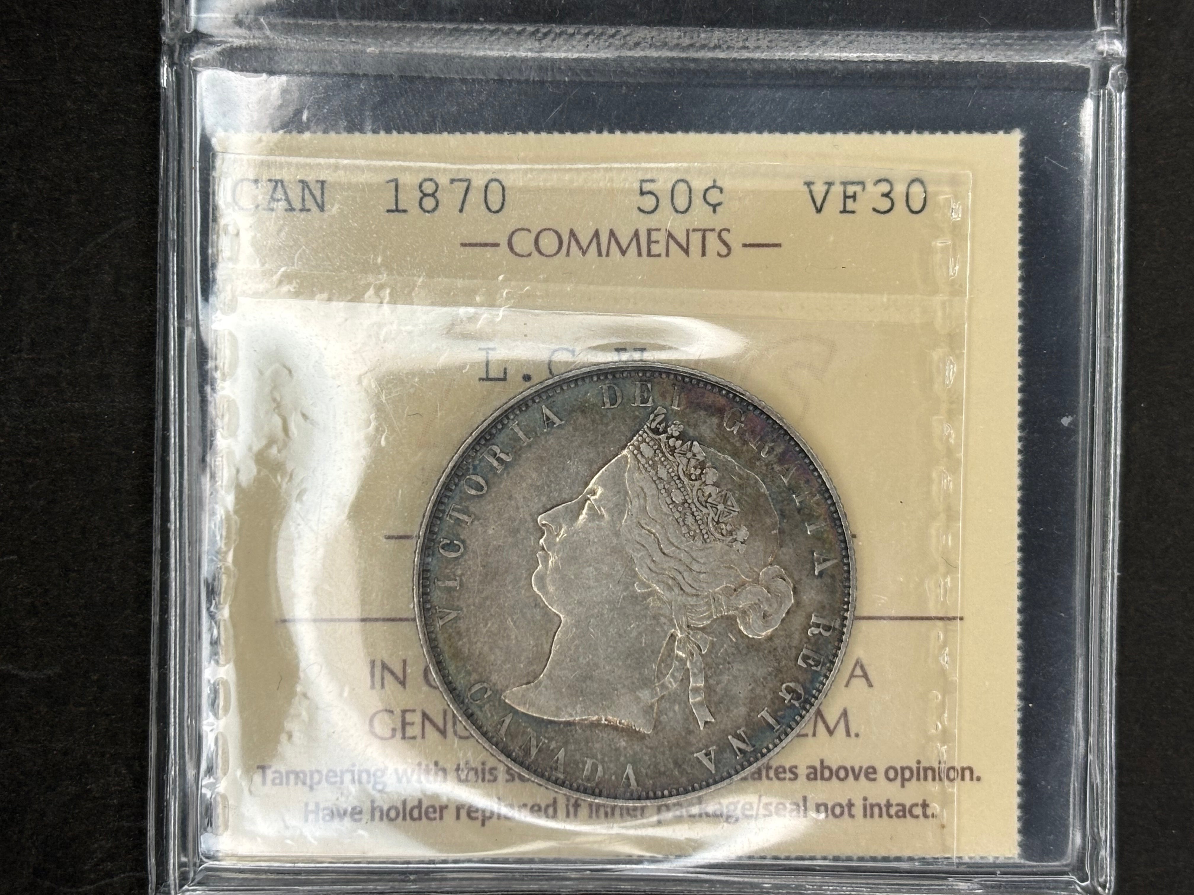Canada Silver Coin - 50 cents - 1870 L.C.W / ICCS VF30