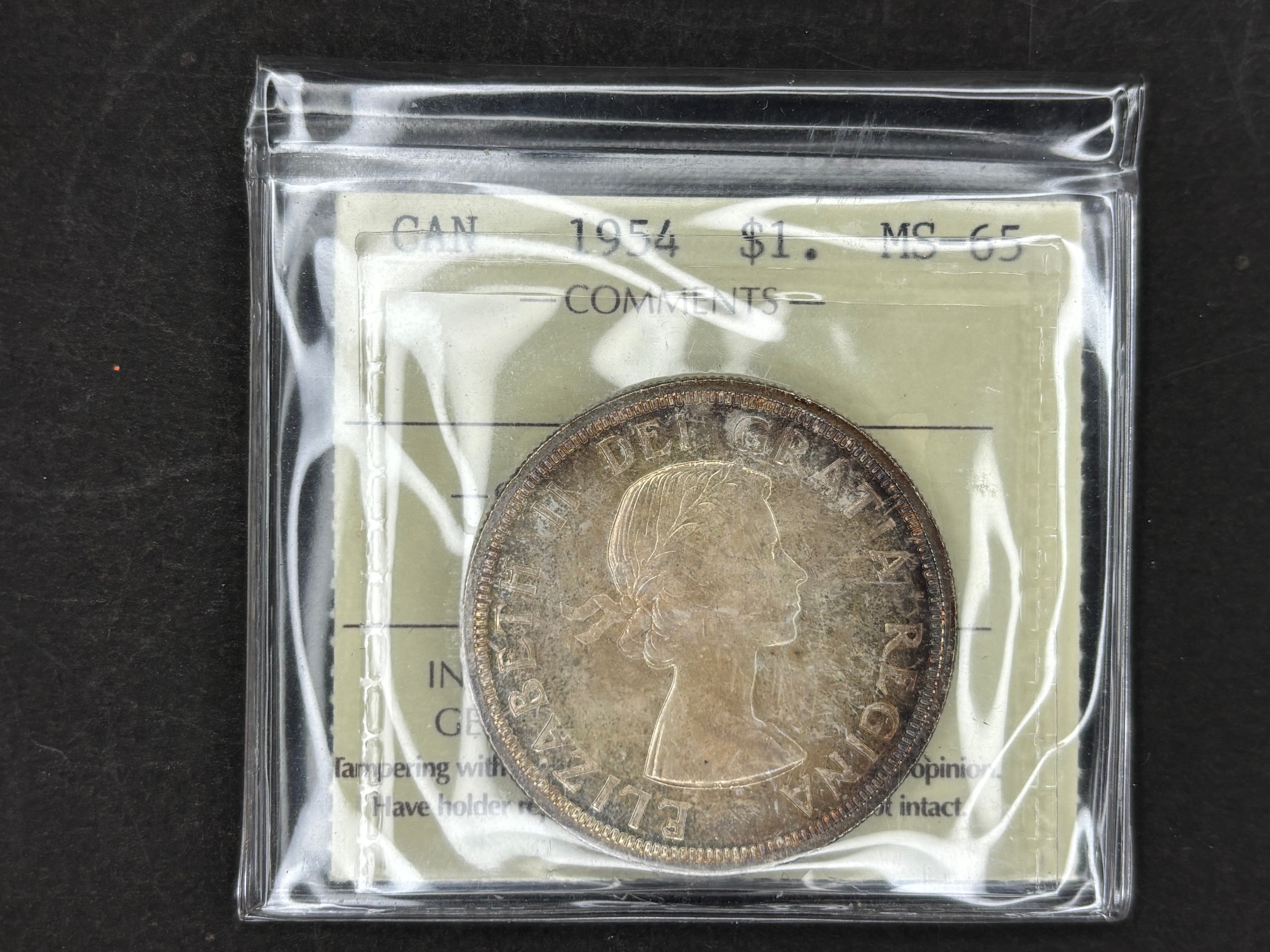 Canadian Silver Coin - Dollars - 1954 Toned - MS65 ICCS