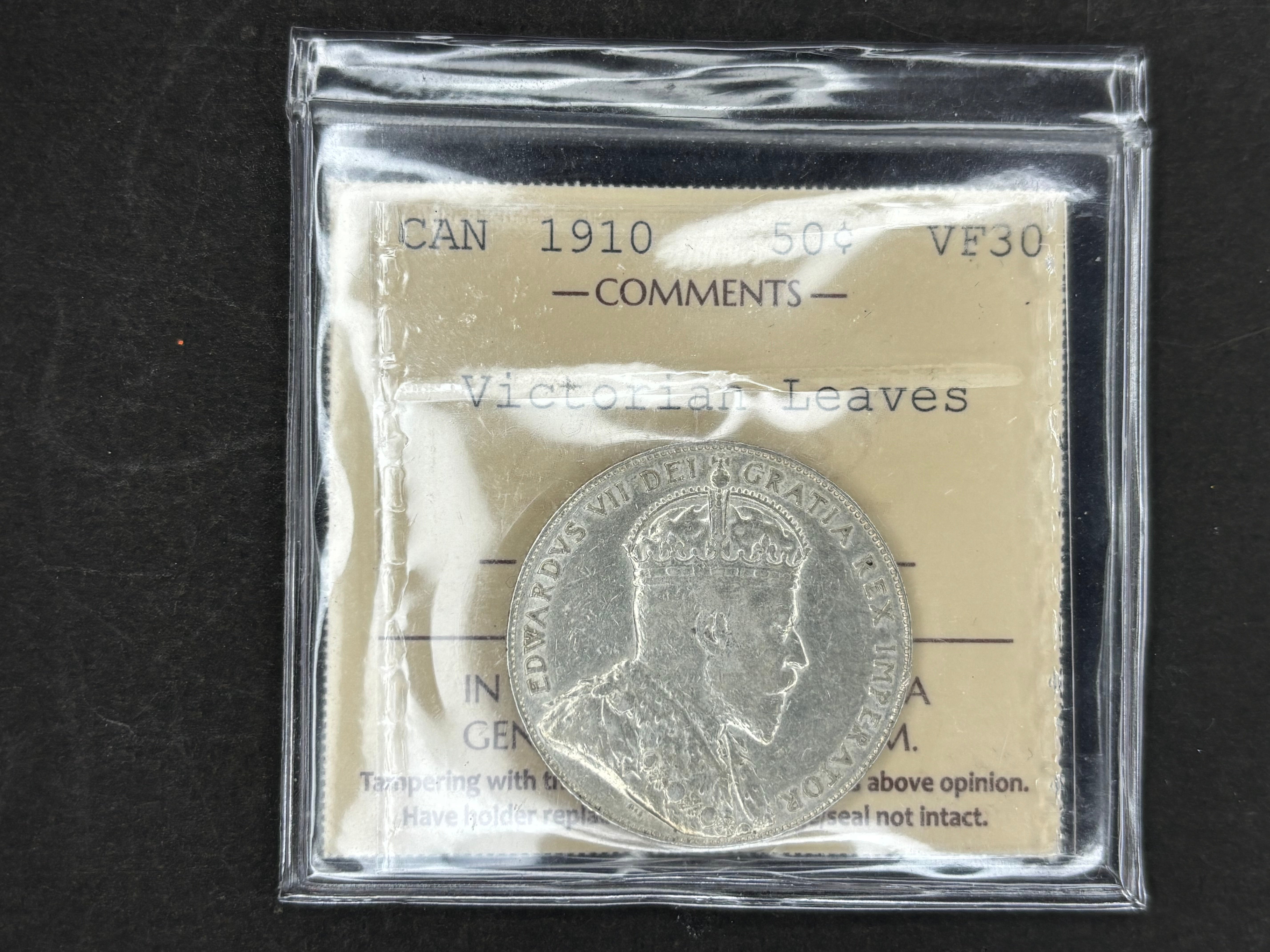 Canadian Silver Coin - 50 cents - 1910 Vic Leads - VF30 ICCS