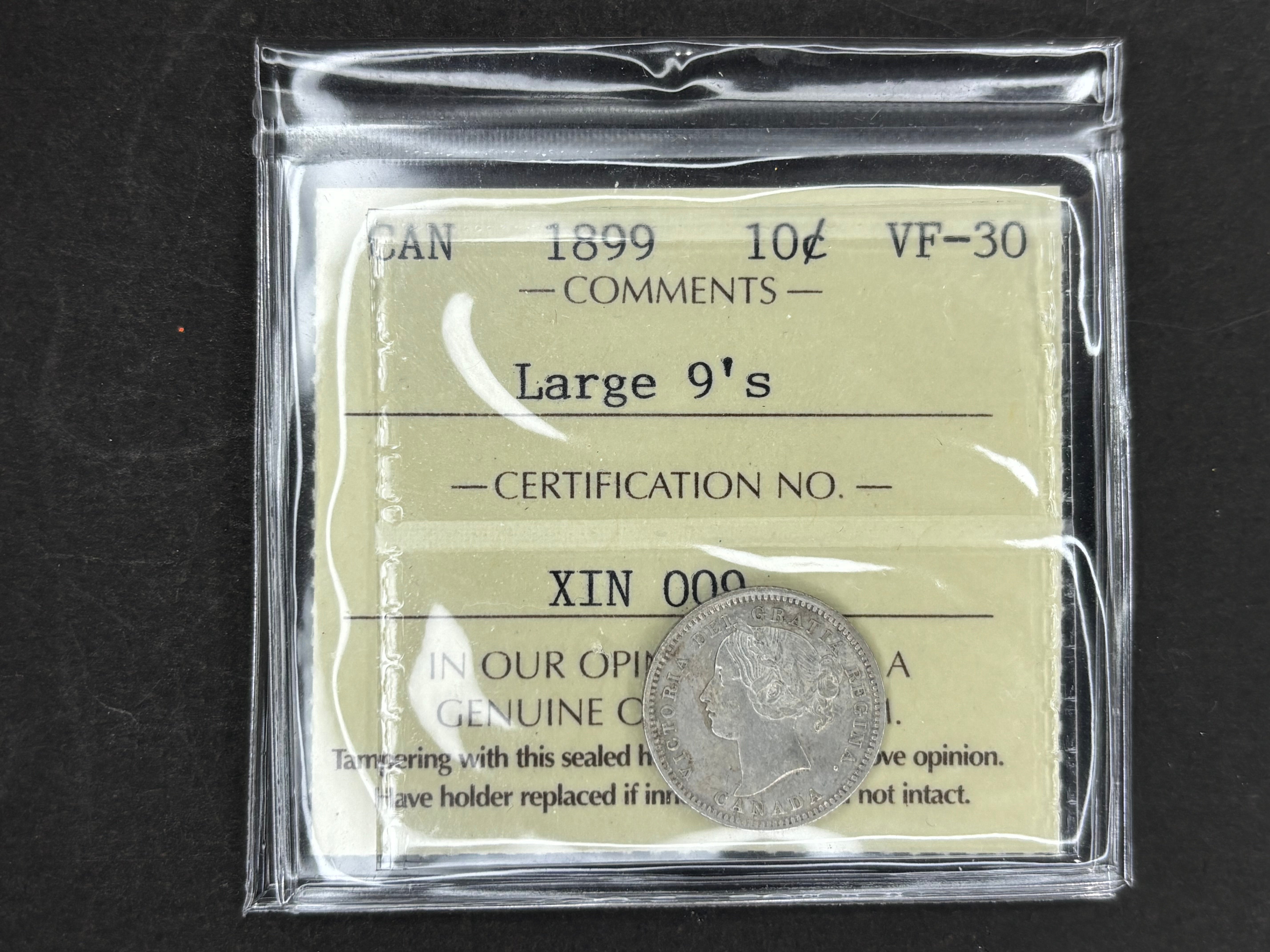 Canadian Silver Coin - 10 cents - 1899 L9 VF30 ICCS