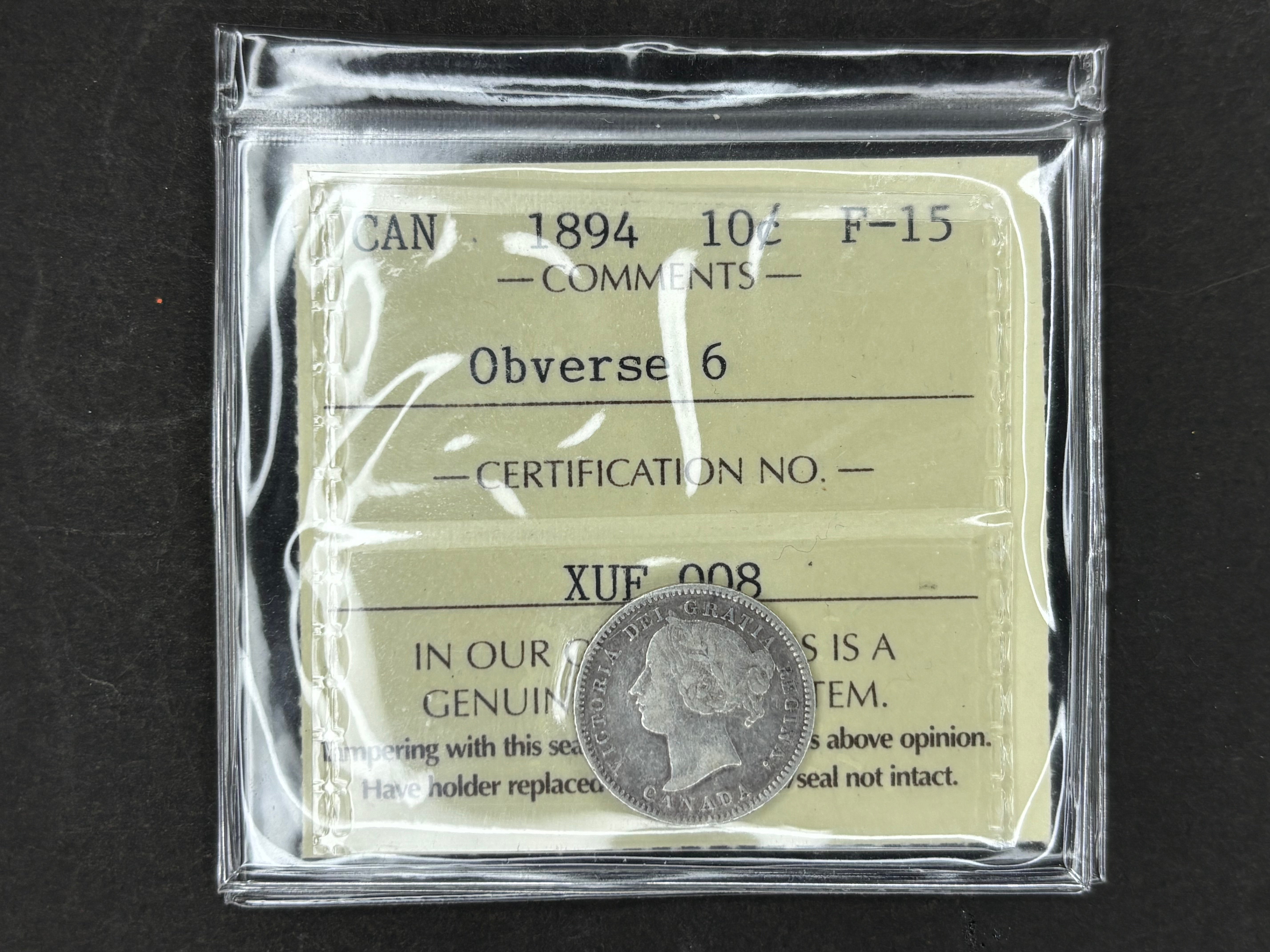 Canadian Silver Coin - 10 cents - 1894 Obv6 - F15 ICCS