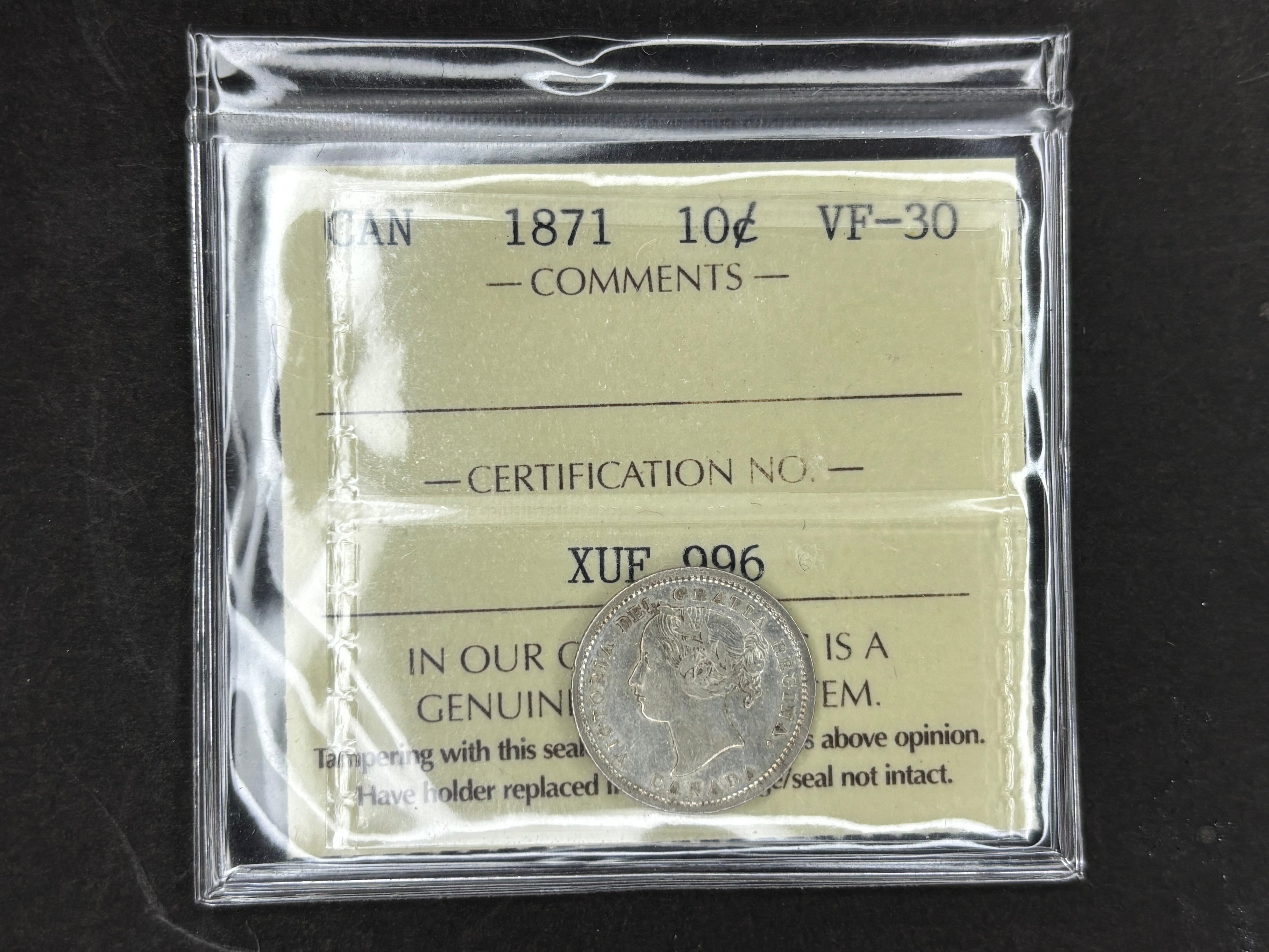 Canadian Silver Coin - 10 cents - 1871 VF30 ICCS