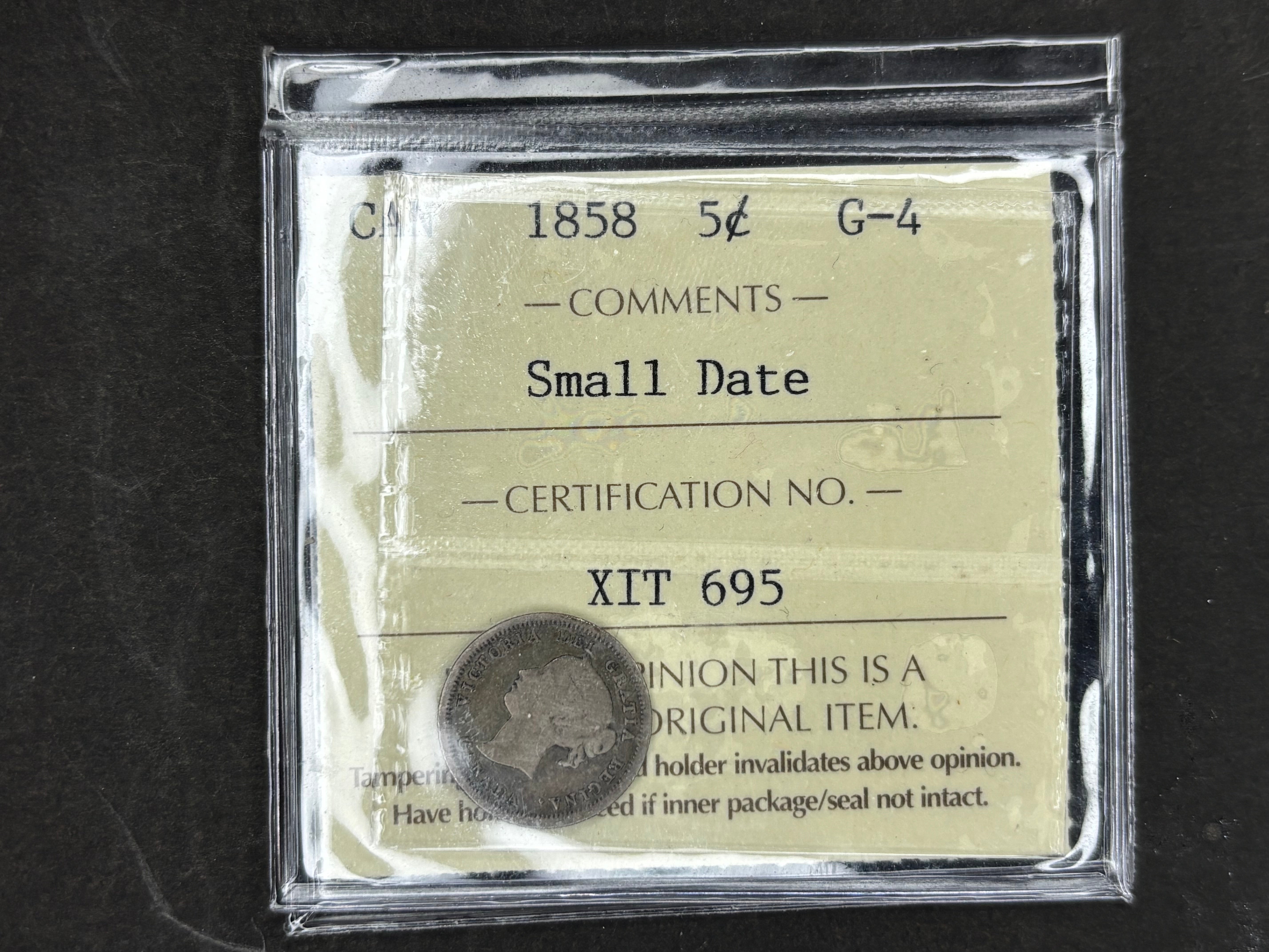 Canadian Silver Coin - 5 cents - 1858 - G4 ICCS
