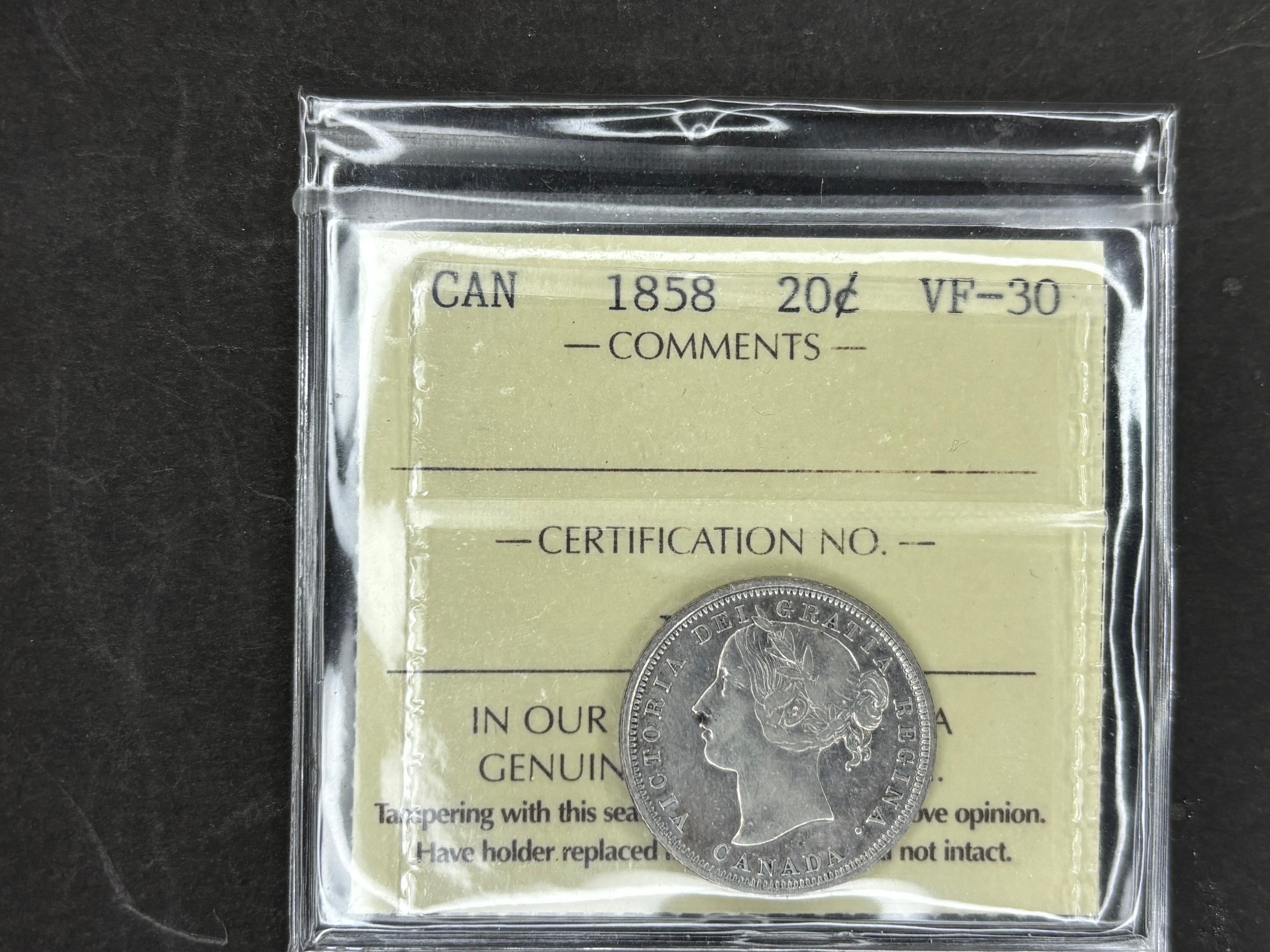 Canadian Silver Coin - 20 cents - 1858 - VF30 ICCS