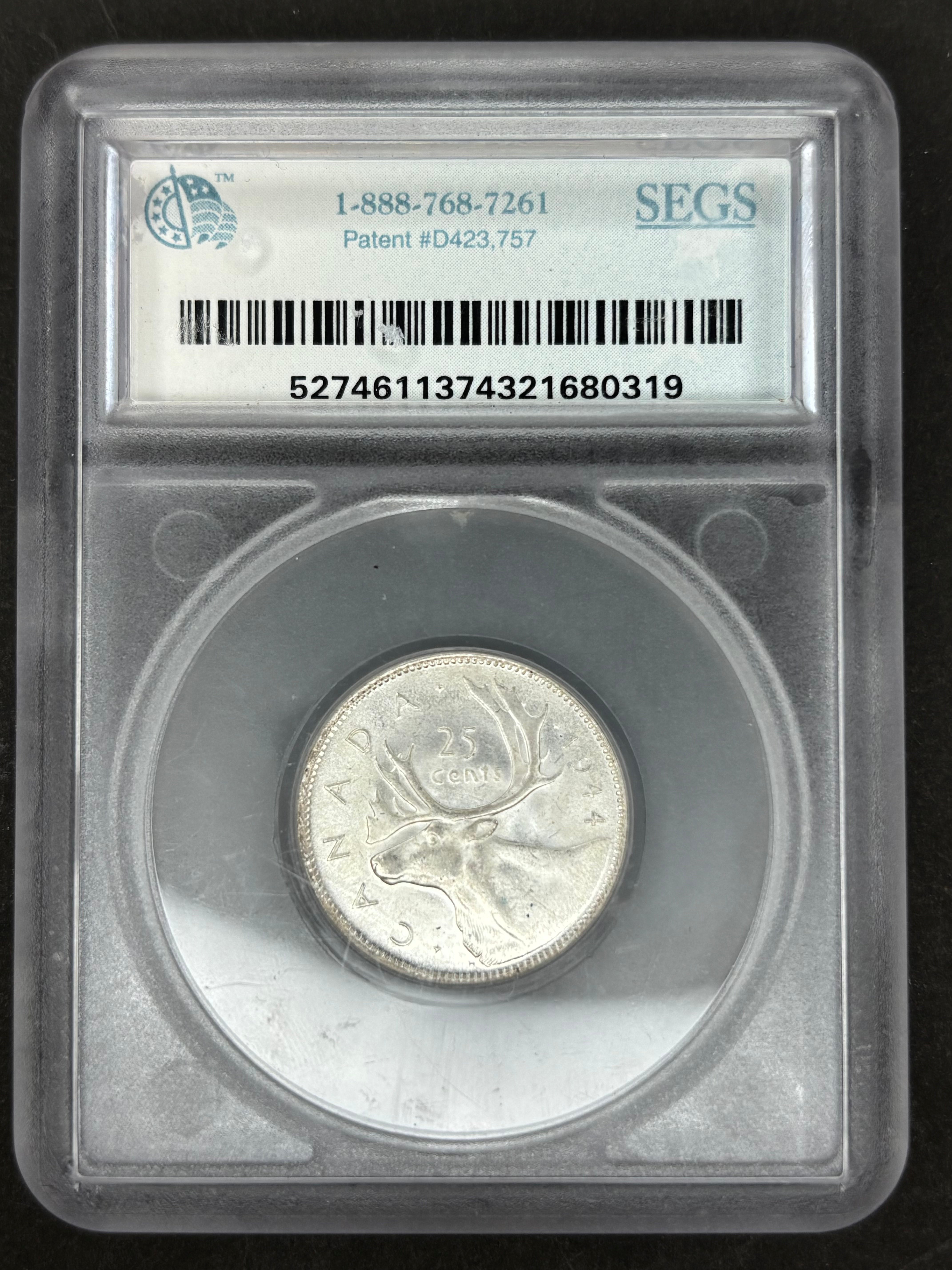 Canadian Silver Coin - 25 cents - 1944 - MS65 SEGS