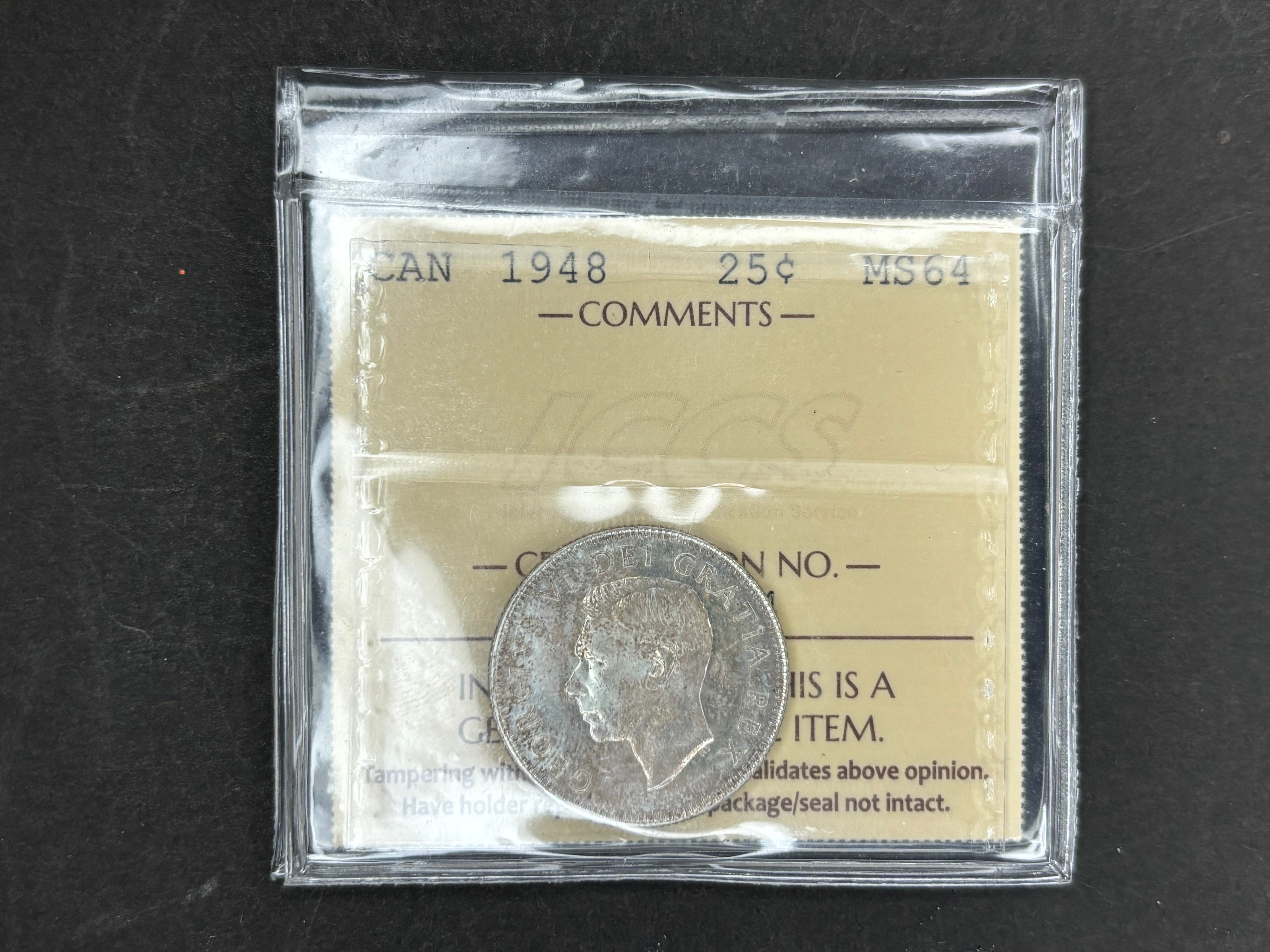 Canadian Silver Coin - 25 cents - 1948 - MS64 ICCS