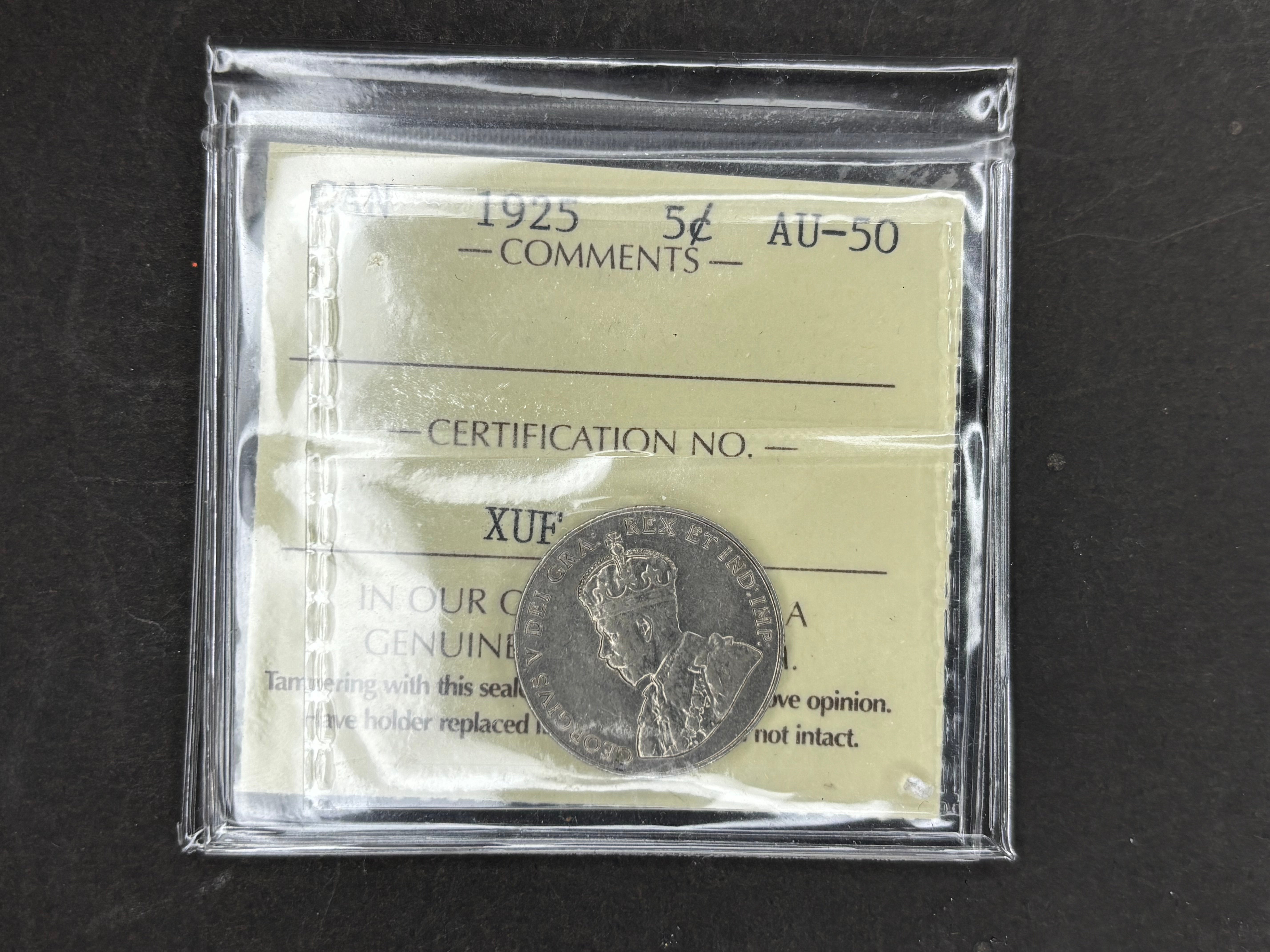 Key date - Canadian Coin - 5 cents - 1925 - AU50 ICCS