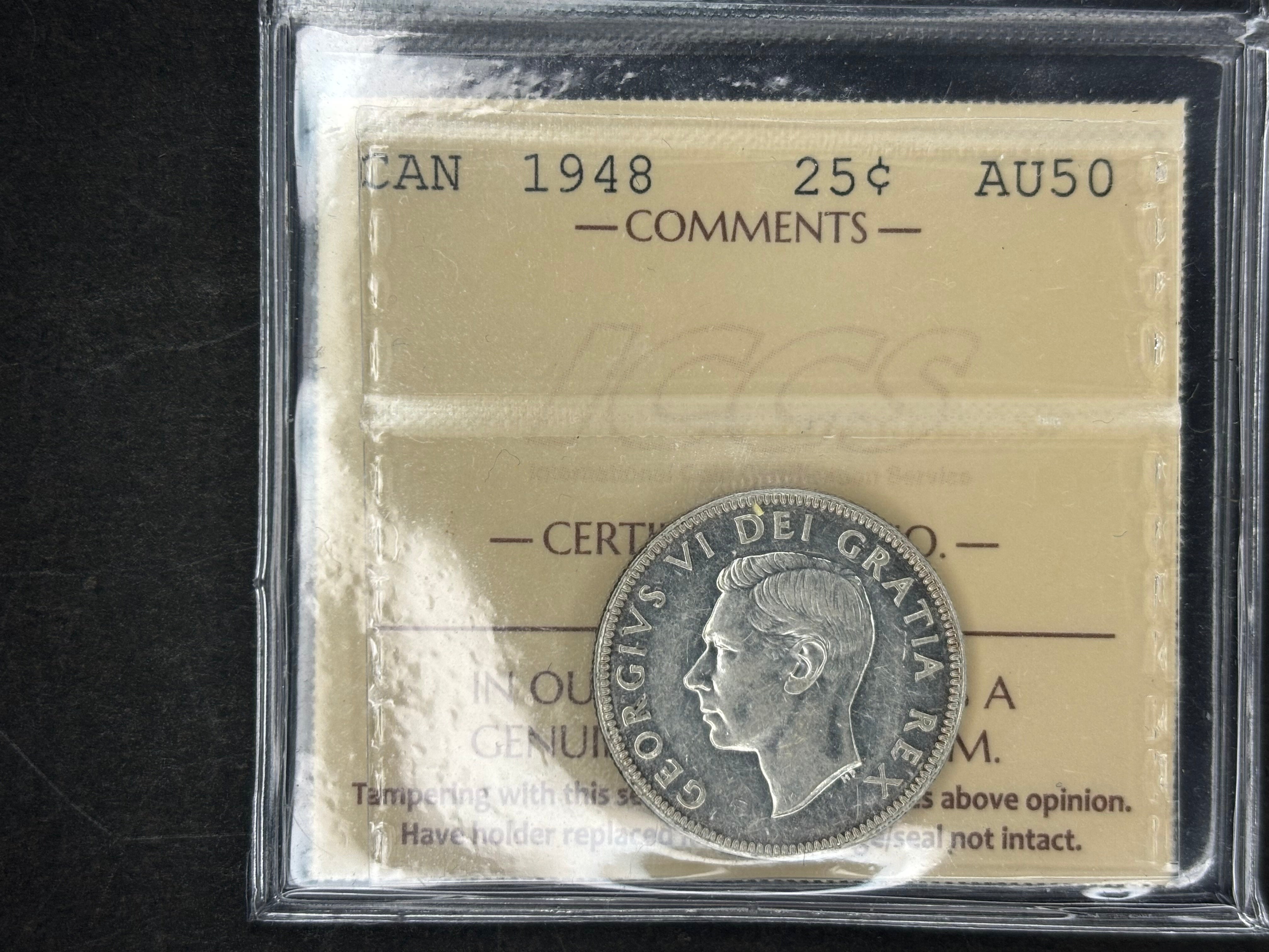 Canadian Silver Coin - 25 cents - 1948 - AU50 ICCS