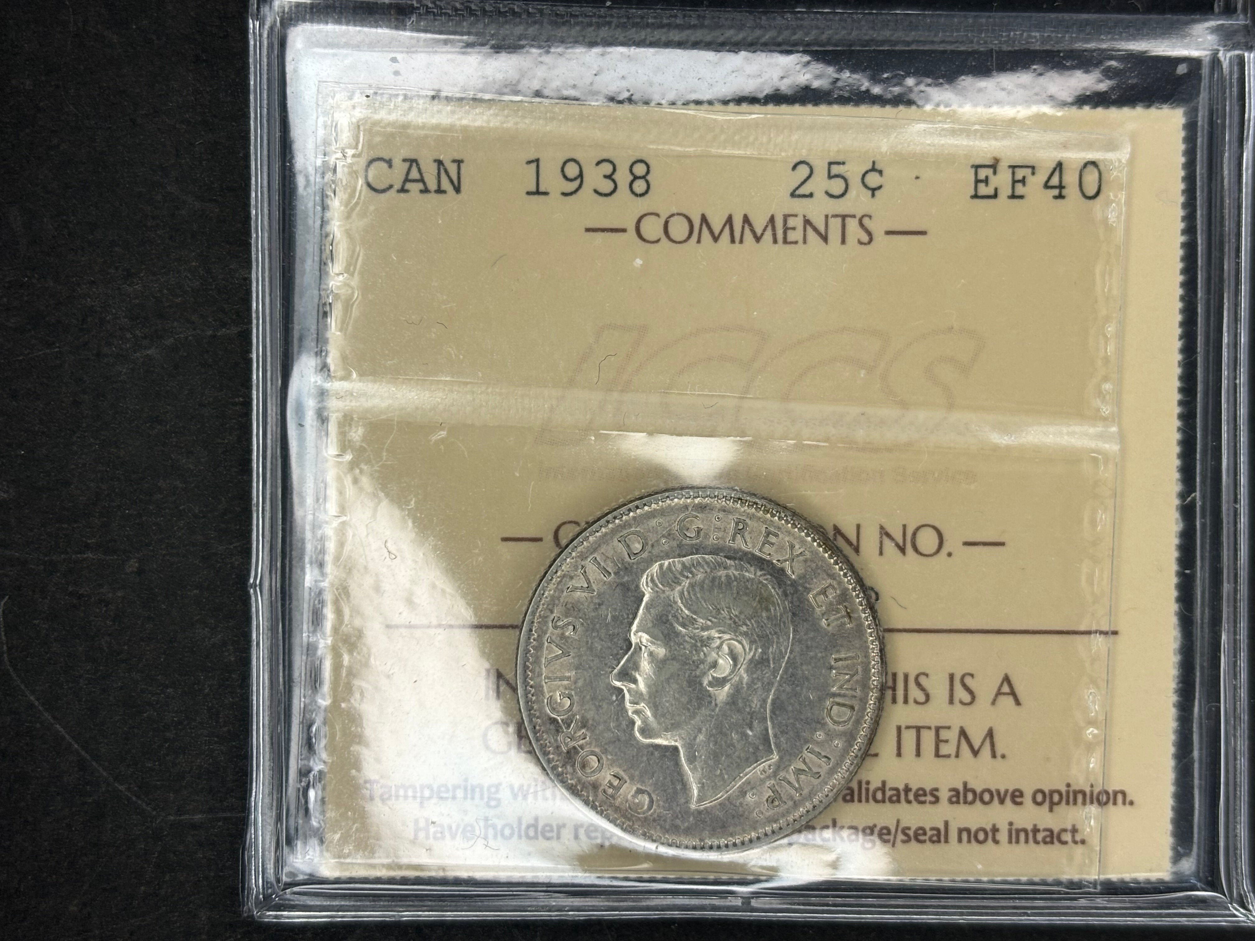 Canadian Silver Coin - 25 cents - 1938 - EF40 ICCS
